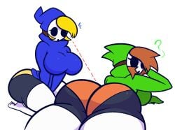 2girls ? ass big_ass big_breasts big_butt big_thighs black-skinned_female black_skin blush brown_hair bubble_ass bubble_butt butt duo from_behind hair_over_one_eye looking_at_another looking_at_ass looking_at_viewer looking_back m-alpha mario_(series) nintendo on_knees prone shy_gal shy_gal_green shy_gal_purple thick thick_ass thick_butt thick_hips thick_thighs thighhighs thighs yellow_hair