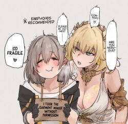 2girls aglaea_(honkai:_star_rail) breasts cleavage comic dialogue goddess golden_eyes golden_hair honkai:_star_rail implied_mind_control mind_control powers sign_around_neck superpowers tama_(tamathersky) translated using_powers using_powers_on_self yuri