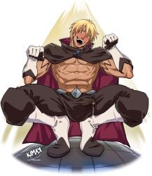 1boy abs blonde_hair bulge crotch erection kimakkun male_focus male_only muscle presenting solo tattoo tensei_shitara_slime_datta_ken undressing veldora_tempest yellow_eyes