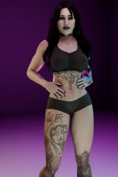 1girls 3d black_fingernails black_hair black_lipstick blender blender_(software) choker enigmaj female female_focus female_only hand_on_stomach hand_on_waist light-skinned_female looking_at_viewer nose_piercing rhea_ripley tattoo tattoos wwe wwe_diva