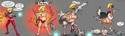 2014 absurd_res avian beak bird blonde_hair breasts clothing clover_(totally_spies) dialogue egg egg_laying female grey_background hair hatching hi_res human mammal nipples okayokayokok ostrich ranged_weapon ratite sequence simple_background solo surprise torn_clothing totally_spies transformation unseen_character weapon what