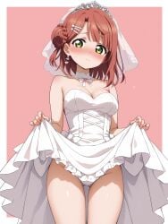 1girls ai_generated bangs bare_shoulders blush border braid braided_bun breasts bridal_veil bride choker cleavage clothes_lift cowboy_shot crotch_seam dress dress_lift earrings embarrassed female female_only green_eyes hair_bun hair_ornament hairclip jewelry lifted_by_self looking_at_viewer love_live! love_live!_nijigasaki_high_school_idol_club medium_breasts medium_hair outside_border panties pink_background pink_hair ribbon side_bun simple_background single_side_bun solo solo_female standing strapless strapless_dress sweatdrop tiara tokiwa-27 uehara_ayumu underwear veil wedding_dress white_border white_choker white_dress white_panties