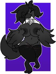 anthro avian big_breasts bird breasts corvid corvus_(genus) curvy_figure female female_only hi_res long_tail mega_milk one_eye_closed raven_(bird) self_harm_scars smile solo sparklepuppoki winged_arms wings wink