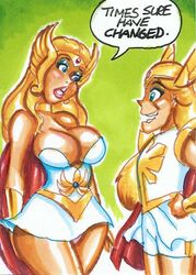 2girls adora blonde_hair breasts cleavage crossover curvy dialogue dress dual_persona flat_chest humor joe_gravel large_breasts panties princess_adora she-ra she-ra_and_the_princesses_of_power she-ra_princess_of_power size_difference sjw sketch_card skirt smile speech_bubble text tiara white_dress white_skirt