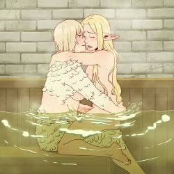 2girls blonde_hair breasts closed_eyes completely_nude dungeon_meshi elf falin_touden falin_touden_(chimera) fanon_couple fingering highres hug large_breasts marcille_donato mixed-sex_bathing monster_girl multiple_girls nude open_mouth partially_submerged pointy_ears saliva saliva_trail shared_bathing short_hair silent-shanin spoilers steam yuri