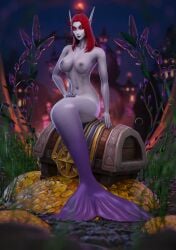 1girls blood_elf breasts character_request lidcarter long_hair mermaid purple_skin red_eyes red_hair red_sclera solo world_of_warcraft