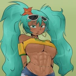 1girls abs big_breasts bikini booty_shorts bracelet brazil brazilian brazilian_female brazilian_flag brazilian_miku crop_top crop_top_overhang dark-skinned_female dark_skin female hatsune_miku jean_shorts jewelry large_breasts leekcheek navel ponytail self_upload short_shorts shorts solo solo_female solo_focus sunglasses sunglasses_on_head tanline thick_legs thick_lips thick_thighs underboob vocaloid waist_chain wide_hips