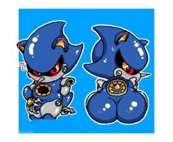 2025 anthro artist_name ass balls bananapop black_sclera blue_body blue_ears blue_tail blush blush_lines claws digital_media_(artwork) eulipotyphlan front_view genitals grey_body grey_claws grey_nose half-closed_eyes heart_symbol hedgehog looking_at_viewer looking_back machine male mammal metal_sonic narrowed_eyes rear_view red_eyes robot robot_anthro sega sitting small_balls solo sonic_(series) sonic_the_hedgehog_(series) standing tail text thick_thighs