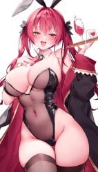 1girls bare_shoulders blush breasts cleavage covered_navel detached_collar fake_animal_ears hair_between_eyes heterochromia highleg highleg_leotard hololive houshou_marine large_breasts long_hair looking_at_viewer open_clothes open_mouth rabbit_ears red_eyes red_hair skin_fang solo sora_72-iro thick_thighs twintails virtual_youtuber white_background yellow_eyes