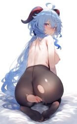 ahoge ai_generated aqua_hair ass ass_focus back back_view bare_back bare_shoulders big_ass big_breasts blush breasts feet ganyu_(genshin_impact) genshin_impact horns long_hair nipples no_bra no_panties pantyhose parted_lips purple_eyes pussy setsuaiart sweat sweaty_body toes topless torn_pantyhose wet_pussy