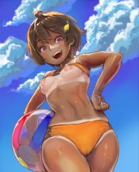 1girls axe_r18 breasts brown_hair erect_nipples female female_only make_heroine_ga_oo_sugiru! nipples purple_eyes short_hair small_breasts swimsuit tanline tanlines tomboy yakishio_lemon