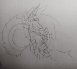 big_breasts bigger_female blush closed_eyes cuddling doodle furry hachi head_between_breasts hugging jayjay_(zoophobia) nipples nude sketch smaller_male smiling vivziepop werewolf zoophobia