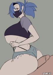 1boy 1girls ass big_breasts blue_hair buttjob buttjob_over_clothes female huge_breasts red_eyes sketch skullgirls tagme underboob valentine_(skullgirls) zdecielo