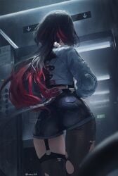 ass ass_focus big_ass big_butt black booty_shorts detailed_background elevator hair hands_on_hips jane_doe_(zenless_zone_zero) kemonomimi pantyhose rat rat_girl red_hair red_highlights shorts tail thick_thighs thighs zenless_zone_zero