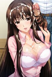 1boy1girl ai_generated brown_eyes brown_hair clothed cum cum_on_breasts cum_on_face cum_on_hair cum_on_penis game_cg hairjob hand_on_penis large_breasts looking_at_viewer penis pony_diffusion_xl uncensored very_long_hair