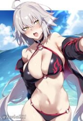 ahoge bare_shoulders bikini black_bikini black_jacket blush breasts choker cleavage collarbone cropped_jacket female grey_hair hair_between_eyes jacket jeanne_alter jeanne_alter_(swimsuit_berserker) jeanne_d'arc_(alter)_(fate) jeanne_d'arc_(fate) jeanne_d'arc_(fate)_(all) jeanne_d'arc_alter_(avenger)_(fate) jeanne_d'arc_alter_(fate) large_breasts long_hair medium_breasts navel o-ring o-ring_bikini o-ring_bottom o-ring_top open_mouth shrug_(clothing) solo sweat sweatdrop swimsuit thighs very_long_hair wet white_hair yellow_eyes