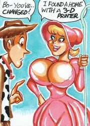 blonde blonde_hair bo_peep bonnet breasts cleavage cowboy_hat dialogue disney dress female humor joe_gravel large_breasts large_hat male pink_dress pixar scarf sketch_card staff surprise surprised toy toy_story toys vest woody_pride