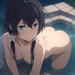 1girls ai_generated ass bangs bathing bent_over black_hair blue_eyes blush breasts bungo_stray_dogs closed_mouth collarbone completely_nude female female_only flower hair_between_eyes hair_flower hair_ornament hair_over_shoulder izumi_kyouka_(bungo_stray_dogs) leaning_forward long_hair looking_at_viewer low_twintails modusprimax night nipples nude onsen outdoors small_breasts solo solo_female twintails wading water wet wet_hair white_flower