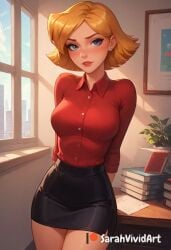 1girls ai_generated black_skirt blonde_hair blue_eyes blush blushed button_down_shirt cartoon_network clothed clover_(totally_spies) female female female_focus indoors inside looking_at_viewer office office_lady red_shirt sarahvividart seductive shiny_skin short_hair short_skirt solo solo_focus totally_spies yellow_hair