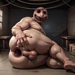 ai_generated anal_gape anus ass balls ballsack bara barazoku big_ass buckshot_roulette dealer_(buckshot_roulette) fat fat_ass fat_man gape gaping gaping_anus gay hand_on_butt humanoid legs_together looking_at_viewer lying lying_down mantits monster moobs nightmare_fuel nipples no_eyes on_side overweight overweight_male perineum rear_view sharp_teeth spread_anus stable_diffusion