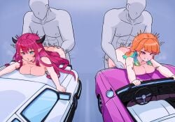 2boys 2girls aqua_hair bent_over blue_eyes breasts car cleavage closed_mouth heterochromia hololive hololive_english hololive_english_-promise- hololive_myth irys large_breasts looking_at_viewer moral_cacoethes motor_vehicle multicolored_hair multiple_boys multiple_girls open_mouth orange_hair pointy_ears purple_eyes purple_hair red_hair sex smile steering_wheel straight takanashi_kiara two-tone_hair virtual_youtuber