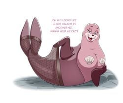 2020 animal_genitalia bedroom_eyes blue_eyes breasts busty_feral clothing english_text female feral free_willy_(series) genitals half-closed_eyes hi_res legwear lonbluewolf looking_at_viewer lucille_(free_willy) mammal marine narrowed_eyes open_mouth pantyhose pasties pinniped pussy seal seashell_bra seductive shell simple_background solo text tongue whiskers white_background