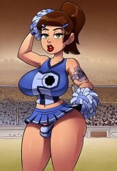 ai_generated ben_10 ben_tennyson blue_panties brown_hair cheerleader cheerleader_uniform futanari genderswap_(mtf) hair_ornament lipstick panties panty_bulge pom_poms ponytail red_lipstick rule_63 skirt tattoo