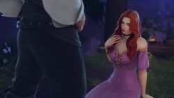 1boy 1girls anna_renan_(lidcarter) blue_eyes human_(world_of_warcraft) human_male imminent_oral lidcarter no_sex oral red_hair world_of_warcraft