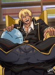 1boy before_sex blonde_hair bulge crotch kimakkun male_focus male_only muscle presenting sitting smile solo tattoo tensei_shitara_slime_datta_ken undressing veldora_tempest yellow_eyes