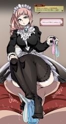 1boy 1girls big_breasts captain_kirb clothed clothing condom cum feet felicia_(fire_emblem) filled_condom fire_emblem fire_emblem_fates foot_fetish footjob long_hair looking_down maid maid_uniform open_mouth presenting sitting sitting_on_person socks sweat text thick_thighs used_condom