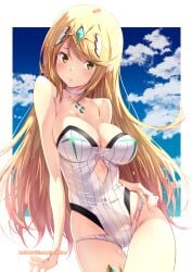 1girls blonde_hair blue_sky blush breasts choker cleavage cloud commentary_request core_crystal female headpiece highres izumi_mahiru large_breasts long_hair looking_at_viewer mythra mythra_(xenoblade) one-piece_swimsuit sky solo strapless strapless_one-piece_swimsuit swimsuit thigh_gap white_one-piece_swimsuit xenoblade_(series) xenoblade_chronicles_(series) xenoblade_chronicles_2 yellow_eyes