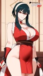 1girls ai_generated bare_shoulders bed bedroom big_breasts boosterred99 cosplay earrings female greesgreen_hair hair hairband indoors king_of_fighters large_breasts mai_shiranui mai_shiranui_(cosplay) pony_diffusion_xl red_eyes spy_x_family yor_briar yor_forger