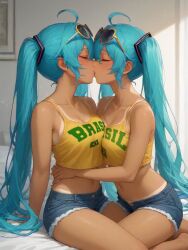 2girls ai_generated blue_hair brazil brazilian brazilian_female brazilian_miku hatsune_miku kissing long_hair sex sex_invitation sexually_suggestive twintails vocaloid yuri