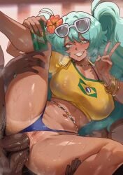 1girls 2boys anal anal_sex balls big_breasts blush bracelet bracelets brazil brazilian brazilian_female brazilian_miku breasts dark-skinned_female dark-skinned_male dark_skin double_anal double_penetration erect_nipples erect_nipples_under_clothes female grin hatsune_miku heart-shaped_pupils huge_breasts human jewelry male male_pubic_hair meme navel peace_sign penis pubic_hair pussy sex spread_legs straight sunglasses sunglasses_on_head sweat teal_eyes teal_hair thiccwithaq thighs threesome twintails v vagina vocaloid