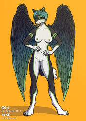 absurd_res angel anthro ashlyn_(blackhornet) blackhornet breasts canid canine canis feathered_wings feathers female fox green_eyes green_nipples hi_res hybrid looking_at_viewer mammal multicolored_body multicolored_feathers nipples solo two_tone_body two_tone_feathers wings