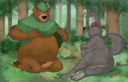 2019 absurd_res anthro ass balls belly brown_body brown_fur canid canine canis clothing detailed_background disney duo erection fur furry furry_only genitals hat headgear headwear hi_res humanoid_genitalia humanoid_hands humanoid_penis little_john male male_only mammal outside overweight overweight_male penis robin_hood_(disney) sheriff_of_nottingham themorghull ursid wolf