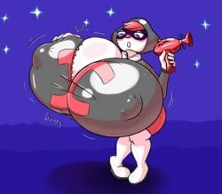 1girls ass blue_eyes blush blush_lines boots breasts cleavage female female_focus female_only gun hand_on_breast hips hyper hyper_breasts isabell_(ufo_50) large_breasts nipple_bulge raygun red_hair semi-stick sparkles thighs ufo_50 weapon