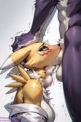 1boy 1girls ai_generated all_the_way_to_the_base balls_deep blue_eyes blush close-up cum cum_down_throat cum_in_mouth cum_in_throat deep_throat deepthroat_no_hands digimon drool drooling eye_contact eyeshadow female female_focus female_penetrated forced_deepthroat furry furry_female furry_tail half-closed_eyes holding_head kneeling kneeling_female kneeling_oral_position lab_coat labcoat male_penetrating male_penetrating_female naked_male off_shoulder open_clothes open_clothing open_mouth oral oral_creampie oral_sex orgasm orgasm_from_oral patreon pleasure_face purple_fur renamon rolling_eyes slim swallowing_bulge swallowing_cum swallowing_penis_while_deepthroat thalaria!! throat_bulge tremble_spikes trembling watermark white_fur yellow_fur