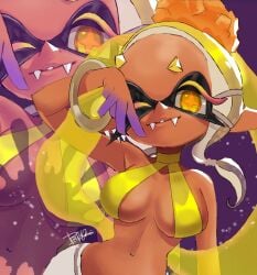 big_breasts big_forehead dark-skinned_female fangs frye_(splatoon) frye_onaga revealing_clothes splatoon splatoon_(series) splatoon_3 tentacle_hair tummy yellow_eyes zeicomi100yen