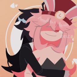 1boy 1girls breasts bunny_ears cleavage fundamental_paper_education hug hugging_from_behind machine_girl_(kaaatie) miller_(kaaatie) one_eye pink_hair revealing_clothes small_breasts top_hat twitter_username vivian_(kaaatie) watermark