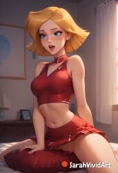 1girls ai_generated bedroom blonde_hair blue_eyes blush blushed cartoon_network cheerleader cheerleader_uniform clover_(totally_spies) crop_top female female female_focus indoors inside open_mouth open_mouth pillow pillow_sex pussy pussy_juice pussy_peek red_shirt red_skirt riding sarahvividart seductive shiny_skin short_hair short_skirt skirt solo solo_focus totally_spies yellow_hair