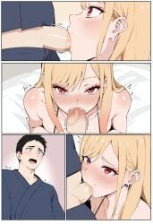 1boy 1girls absurd_res absurdres ai_generated black_bikini blonde_hair comic_page erection fellatio female gojou_wakana human kisou kitagawa_marin male photoshoot red_eyes sono_bisque_doll_wa_koi_wo_suru uncensored