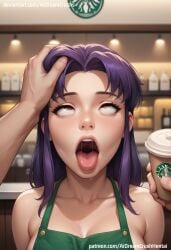 1boy 1girls ahe_gao ai_generated aidreamcrush apron_only back barista cafeteria coffee_shop cute deviantart drooling eyes eyes_rolling_back female grabbing green_apron hair hand_on_head light-skinned_female long_hair misato_katsuragi naked neon_genesis_evangelion open_mouth oral petite presenting_mouth presenting_throat purple_eyes purple_hair red_eyes rolling_eyes saliva saliva_string seductive_eyes seductive_mouth skinny slim starbucks teenager throat tongue_out waitress