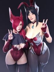 2girls 3d animal_ears bare_shoulders black_hair blue_eyes bored bottom_heavy breasts bunnysuit child_bearing_hips choker cleavage eyeliner facial_markings female female_only fingerless_gloves irelia_xan jewelry league_of_legends leotard looking_at_viewer nail_polish parted_lips peace_sign popogori purple_nail_polish red_hair red_nail_polish revealing_clothes riot_games simple_background skimpy smile standing taller_girl vastaya voluptuous wide_hips xayah yellow_eyes