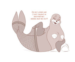 2020 :3 animal_genitalia bedroom_eyes breasts busty_feral clothing english_text female feral free_willy_(series) genitals hi_res legwear lonbluewolf looking_at_viewer lucille_(free_willy) mammal marine monochrome narrowed_eyes open_mouth pantyhose pasties pinniped pussy rock seal seashell_bra seductive shell simple_background solo text tongue whiskers white_background