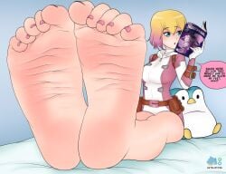 2d bed bedroom blonde_hair blue_eyes bodysuit boot_removed epic_games female female_focus female_only foot_fetish foot_focus fortnite fortnite:_battle_royale gwenpool gwenpool_(fortnite) marvel marvel_comics pink_hair pink_toenails soles soles_fetish tagme tagme_(character) wrinkled_soles