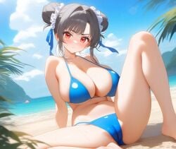 1girls ai_generated annoyed_expression beach big_breasts bikini blossomtea blue_bikini blue_sky blue_swimsuit blush breasts buns cameltoe clouds double_bun eyebrows eyebrows_visible_through_hair eyelashes eyelashes_visible_through_hair feet_out_of_frame grey_hair hair_buns hair_ornament hair_ribbon kivotosxl_(model) labia labia_majora light_blush maha_no_hanashi masa_works_design midriff navel outdoors palms pointy_chin polka_dot_bikini polka_dots red_eyes sand self_upload seryl_claude_les-elizabeth sitting_on_sand sky solo swimsuit swimwear twin_buns water yodayo