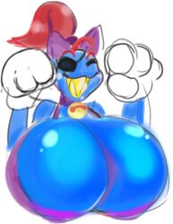 1girls bell bell_collar big_breasts big_paws breast_focus bursting_breasts bust_portrait cleavage closed_eyes clothing collar fake_animal_ears fake_cat_ears female female_focus female_only fish grin huge_breasts marine overflowing_breasts peperc2 scalie tank_top undertale undyne