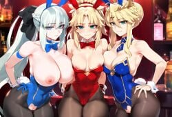 3girls ai_generated animal_ears artoria_pendragon bangs bare_shoulders black_legwear black_leotard blonde_hair blue_bow blue_legwear blue_leotard blue_neckwear blush bow bowtie braid breasts bunny_ears bunny_girl bunny_tail bunnysuit cleavage closed_mouth collarbone covered_navel depressu detached_collar eyebrows_visible_through_hair fake_animal_ears fake_tail family fate/grand_order fate_(series) fishnet_legwear fishnets french_braid green_eyes hair_between_eyes highleg highleg_leotard large_breasts leotard leotard_pull long_hair looking_at_viewer mordred_(fate) morgan_le_fay_(fate) mother_and_daughter multiple_girls navel_cutout necktie nipples pantyhose playboy_bunny ponytail purple_leotard red_bow red_leotard sidelocks sisters strapless strapless_leotard tail thighs white_leotard wrist_cuffs