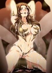 after_sex arms_up bikini brown_eyes cum cum_on_body cum_on_face elizebet female kneeling large_breasts metal_bikini multiple_boys ninja_gaiden pale-skinned_female